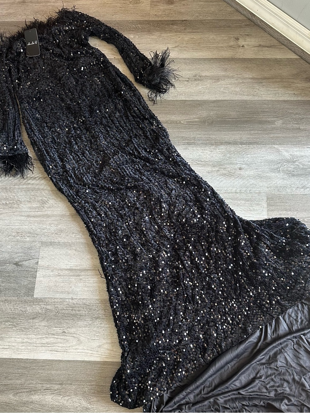 Black Sequin Long Sleeve Evening Gown